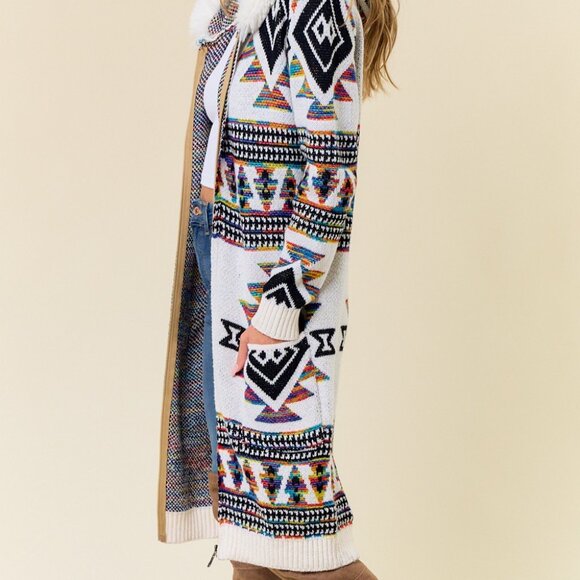 ON BLUE Rainbow Aztec Print Zip-Up Cardigan: Faux Fur Lined Hooded Cardigan Coat - Picture 8 of 15
